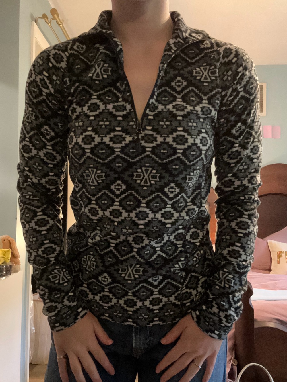 Woman’s Black & Gray Geometric Quarter-Zip Sweater